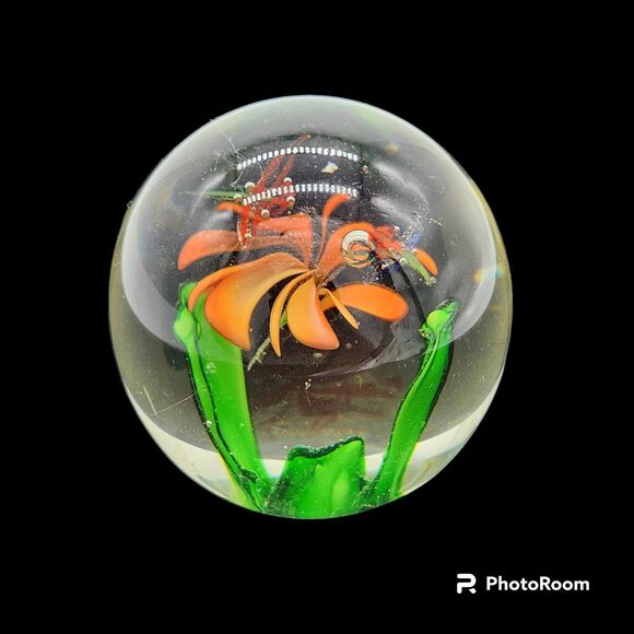 Orange Open Flower Paperweight Art Glass Dragonfly Small 2.25 Inch - Picture 1 of 9